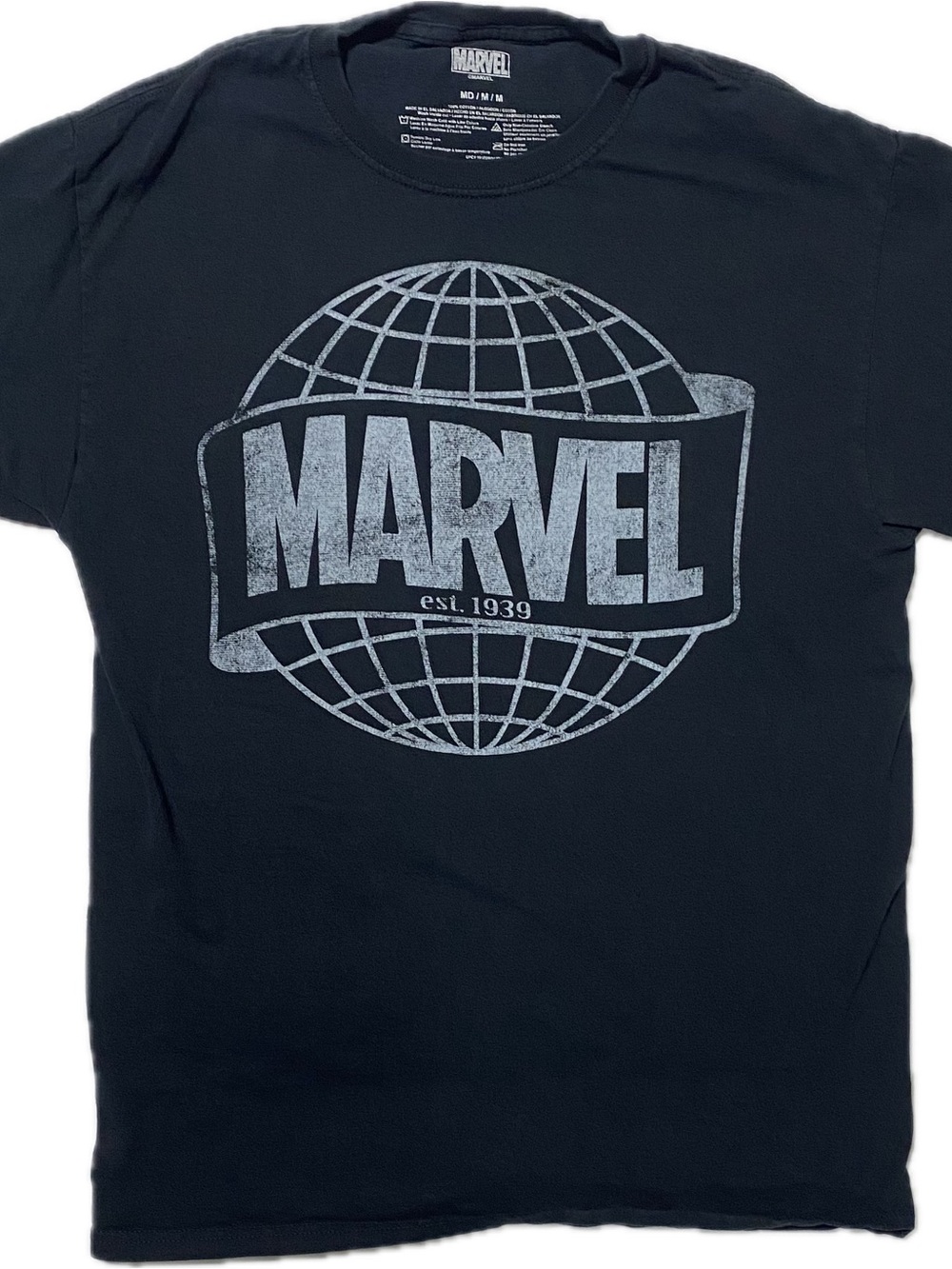 Marvel Black Short Sleeve Tee with Distressed Silver Globe Logo